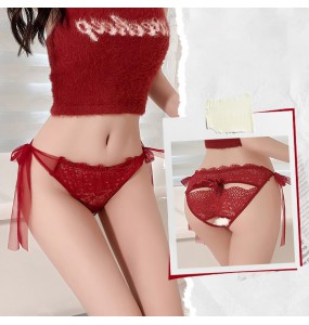 FEE ET MOI - Sexy Sheer Ribbon-Tie Crotchless Lace Panties (Red)